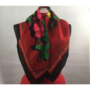 Colorful Bouquet Square Scarf Pink Roses Yellow Flowers on Red Black Frame